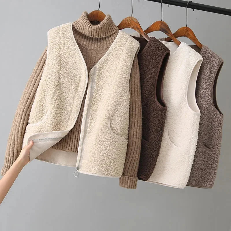 Women Fashion Large Size 4XL Vest Tops Coat Korean Female Waistcoat Jackets Autumn Winter Ladies Lamb Wool Sleeveless Outerwear