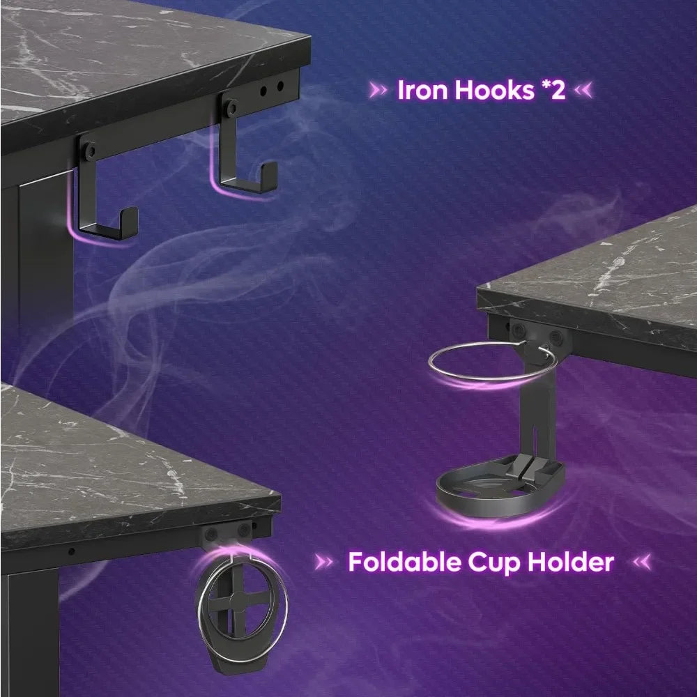 Gaming Desk with LED Lights, 42 inch Computer Desk with Monitor Stand Gamer Workstation with Cup Holder & Headset Hooks