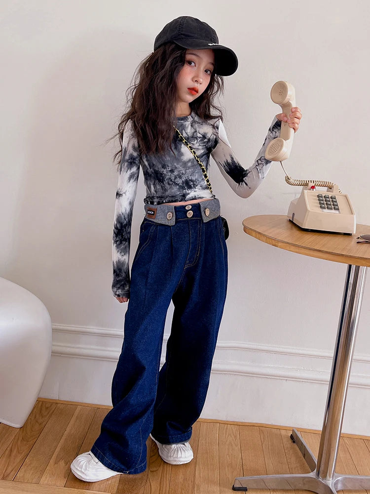 New Baby Girl Spring Autumn Wide Leg Jeans Children Patchwork Casual Denim Pants Kids Loose Fashion Trousers Teenage Clothes 600