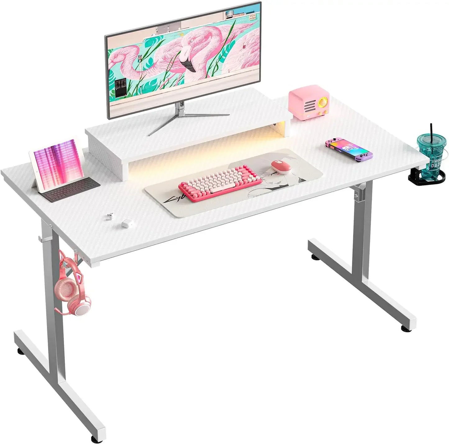 Gaming Desk with LED Lights, 42 inch Computer Desk with Monitor Stand Gamer Workstation with Cup Holder & Headset Hooks