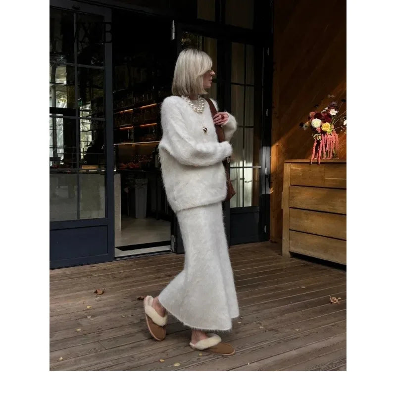 Loose Mohair Knit Skirt 2 Piece Set Women Chic Long Sleeve Solid Long Skirt Suit Lady Female Autumn Winter Warm Sweater Outfit