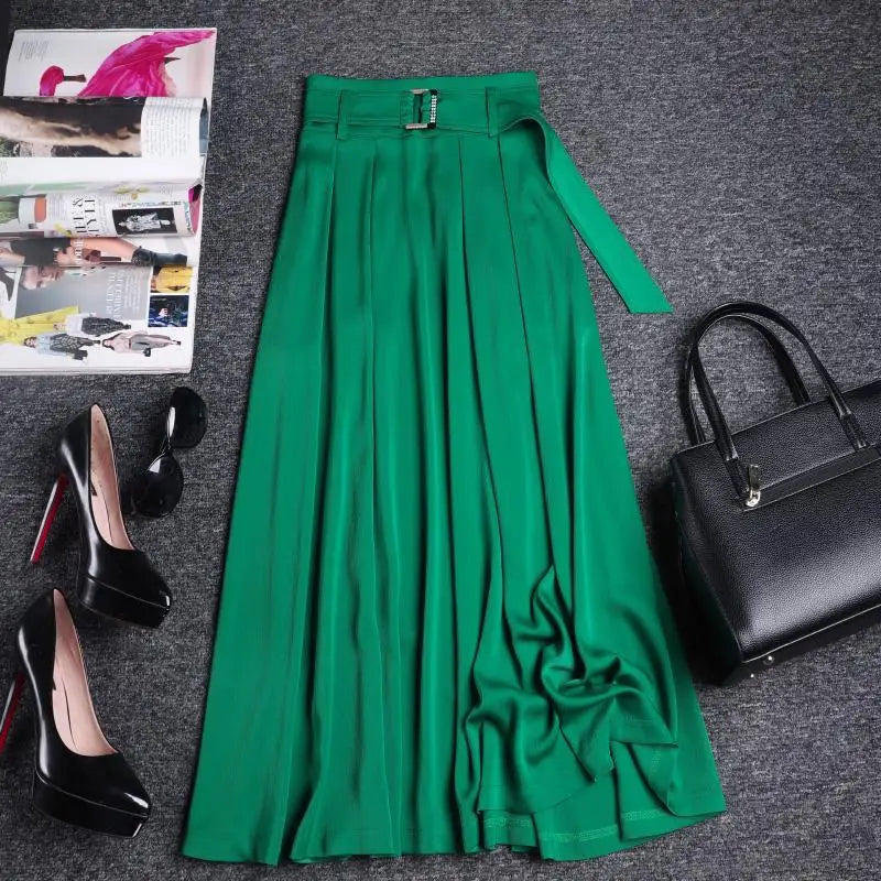 Temperament  Lady Long Skirt Green Belt High-waisted Loose A-Line Skirt Spring/Summer Elegant Office Commuting Women's Clothing