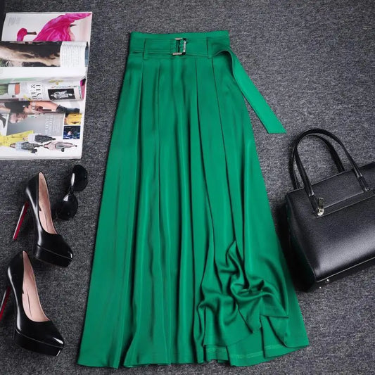 Temperament  Lady Long Skirt Green Belt High-waisted Loose A-Line Skirt Spring/Summer Elegant Office Commuting Women's Clothing