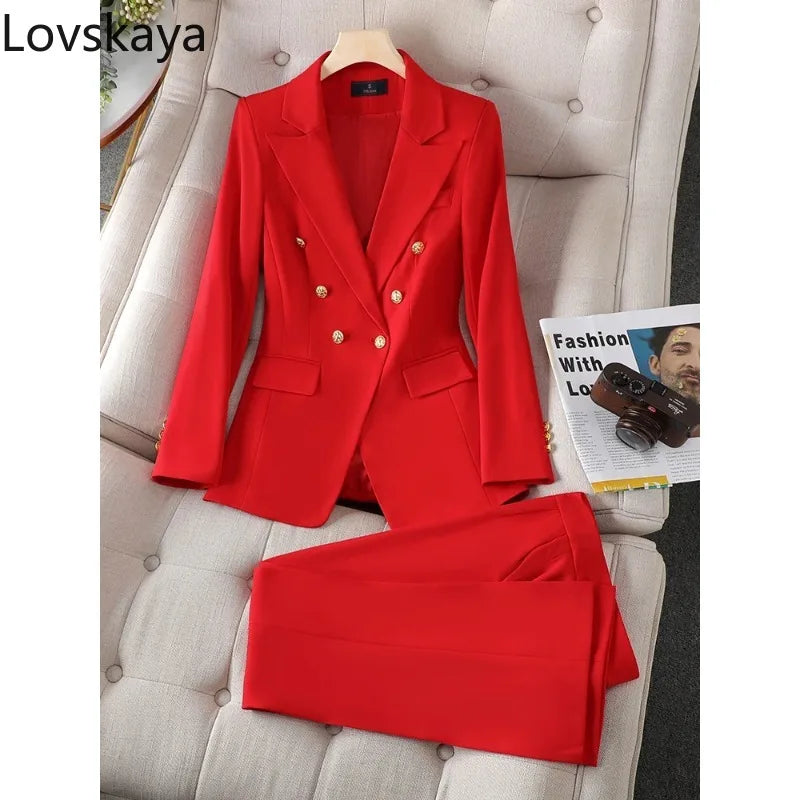 Button Decoration Formal Jacket Blazer and Trouser 2 Piece Set Fashion Pink Green Black Ladies Work Wear Pant Suit Women