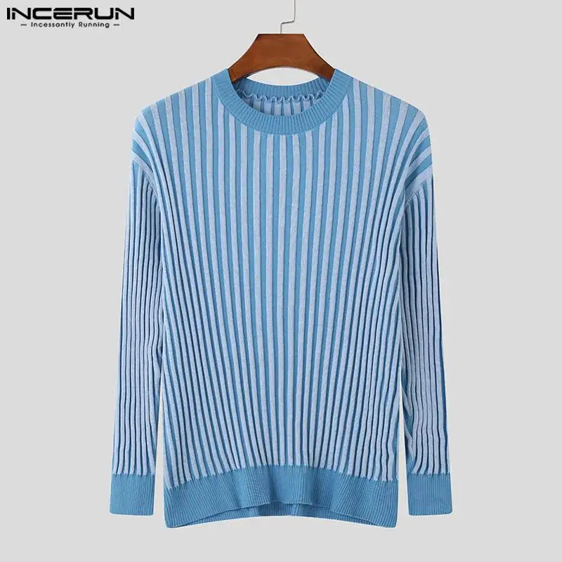 Fashionable Men's Tops INCERUN Knitted Stripe Design Pullovers Autumn Casual Simple All-match O-neck Long Sleeved Sweaters S-5XL