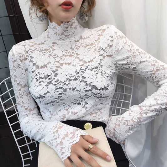 New Flower Lace Elastic T Shirt Women Turtleneck Petal Sleeve Blouse Office Ladies Stretch Tee Female Bottoming Blouses Tops