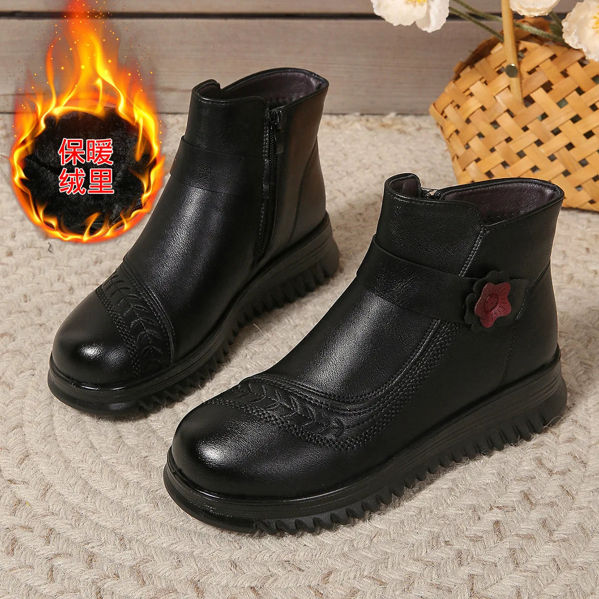 Women's Rubber Boots  Boots-Women Round Toe Shoes Winter Footwear Rain 2024 Ankle Low Ladies Flock Fabric Solid Hoof Heels Ridin