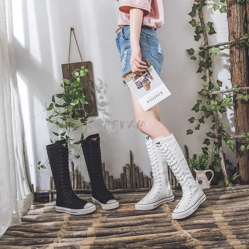 High Top Women's Canvas Shoes Knee High Boots Side Zipper Flats Vulcanized Shoes Lace-Up Comfortable Platform Sneakers Female