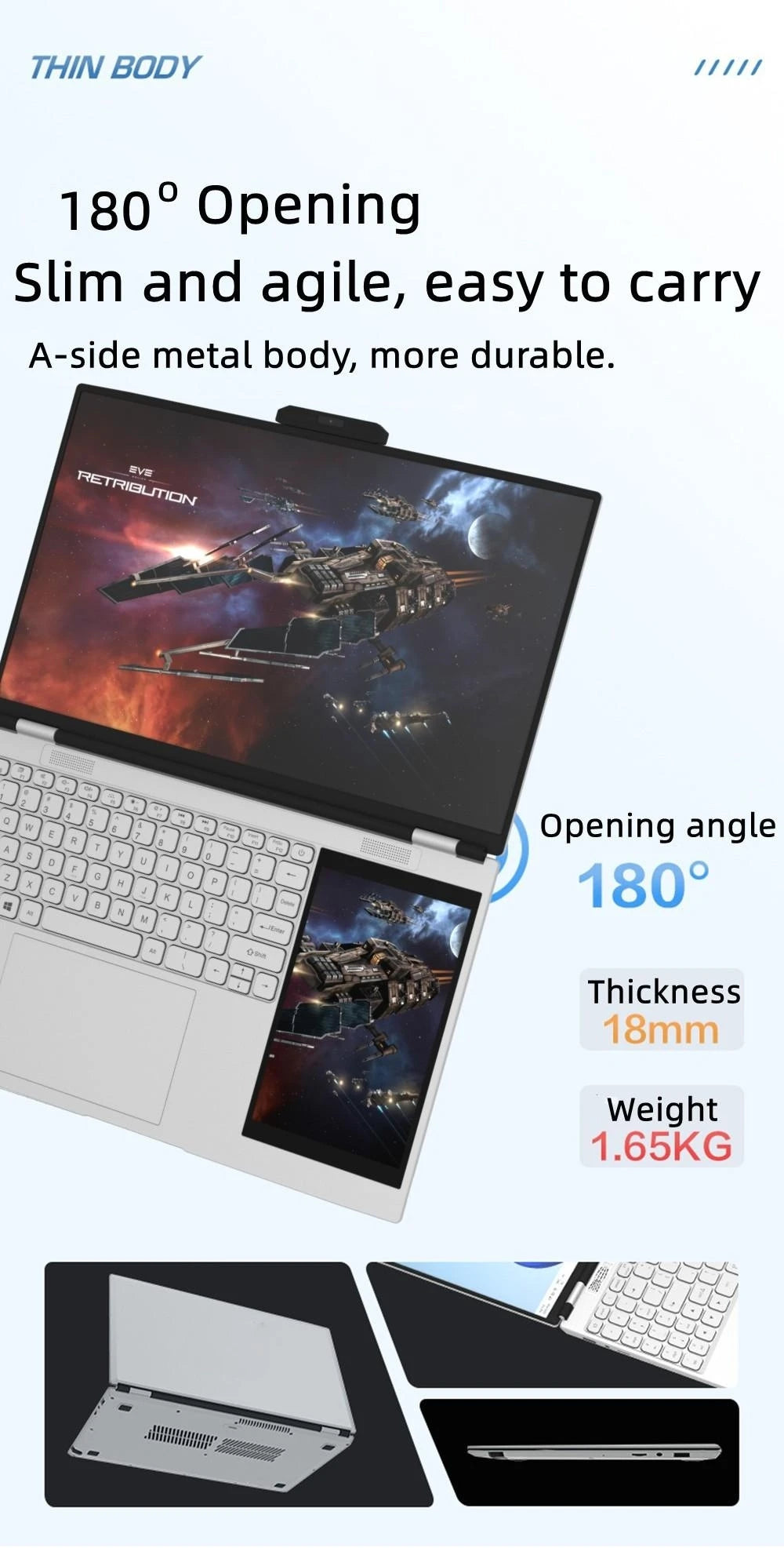 Dual Screen Laptop 15.6 Inch 2K IPS+ 7 Inch Touch Screen Intel N95 Processor Gaming Laptop DDR4 16GB 2TB SSD Notebook Computer