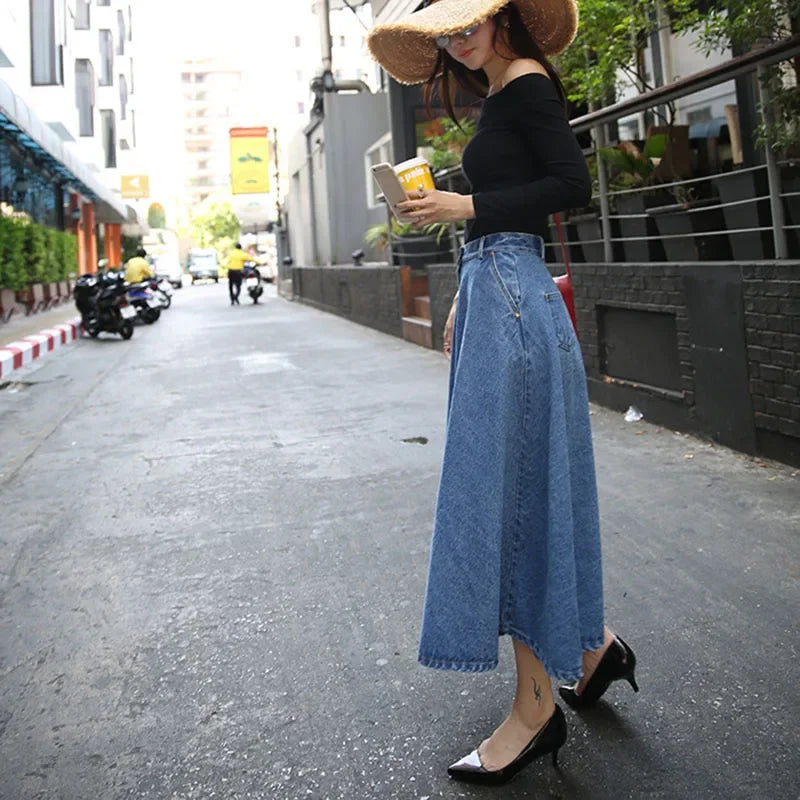 Long Denim Skirt Women Maxi High Waist Single-Breasted A-Line Jeans 2021 Summer New Fashion Korean Style Elegant Ladies Clothes