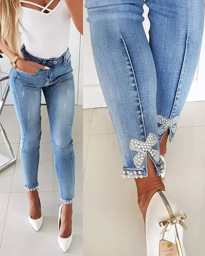 Fashion Skinny Jeans Female Summer Casual Pants Trousers Ladies Vintage High Waisted Jeans Women Bleached Women's Pencil Pants