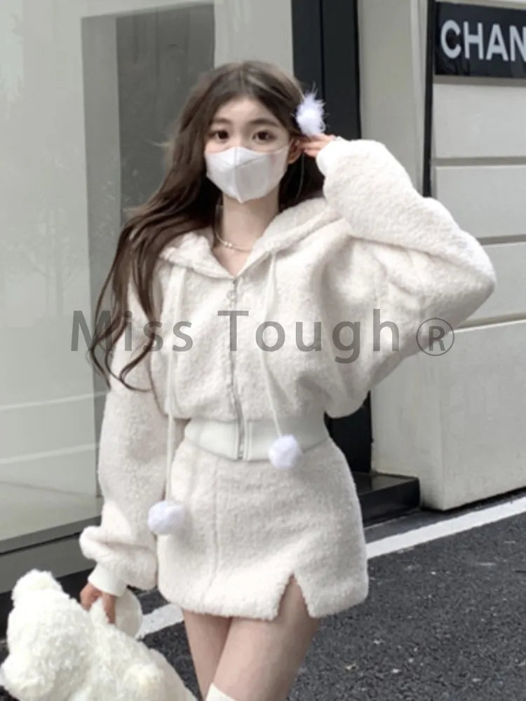 Elegant Solid Two Piece Skirt Sets Women Zipper Hoodies Jacket + Split Mini Skirt Suit Autumn Winter Sexy Korean Style Outfits