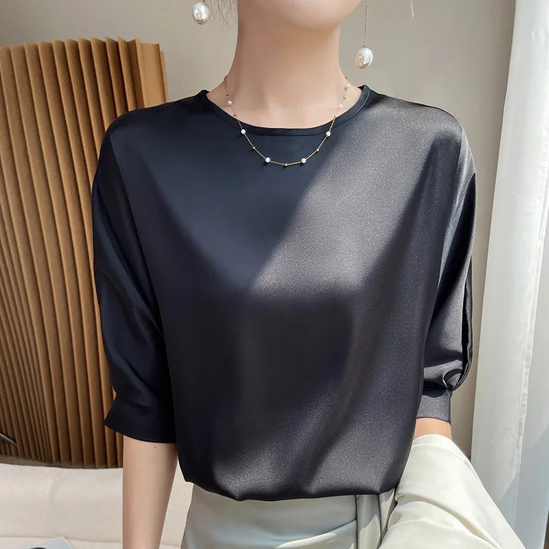 HIgh Quality Office Lady Tops Summer Half Sleeve O-Neck Satin Blouse Women Shirts Simple Solid Fake Silk Casual Loose Blusas