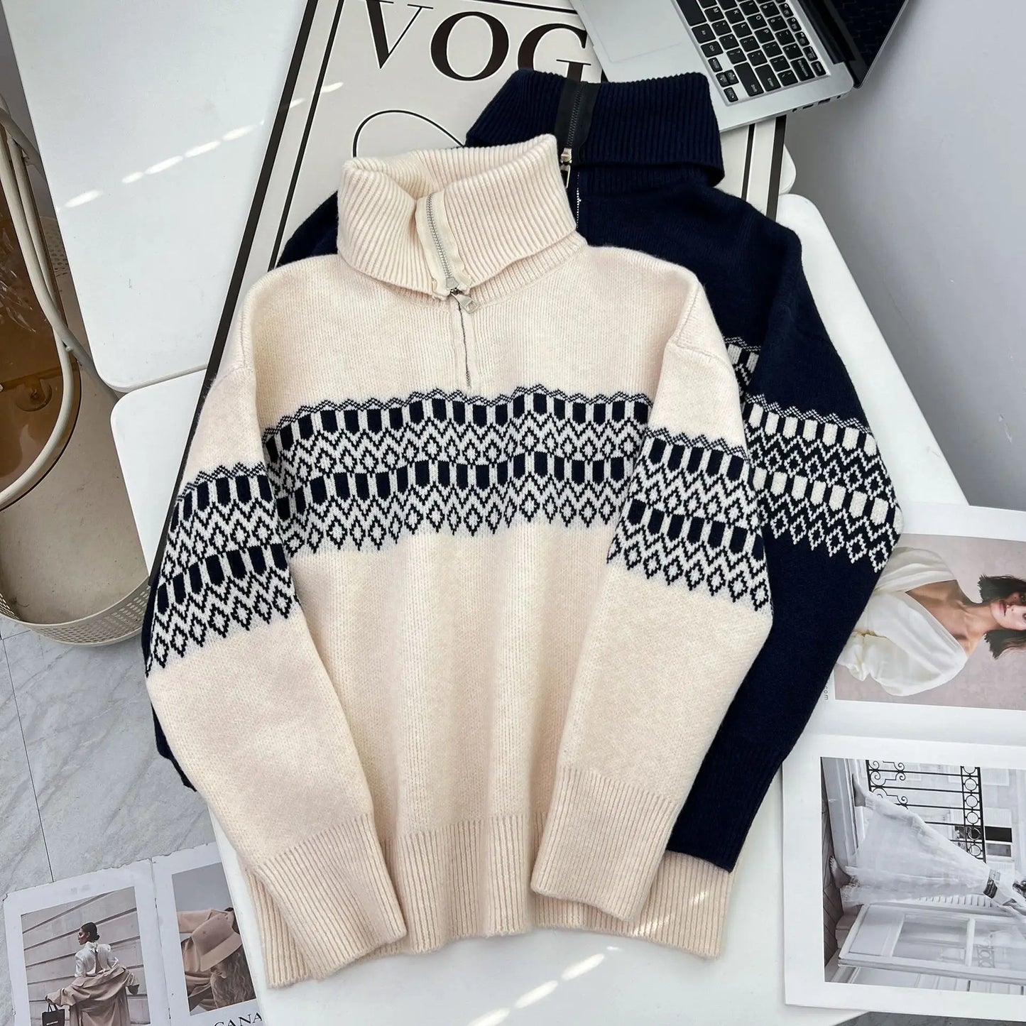 Stylish Contrast Color Jacquard Turtleneck Sweater Women Autumn Winter 2023 Plus Size Thermal Pullover Jumpers
