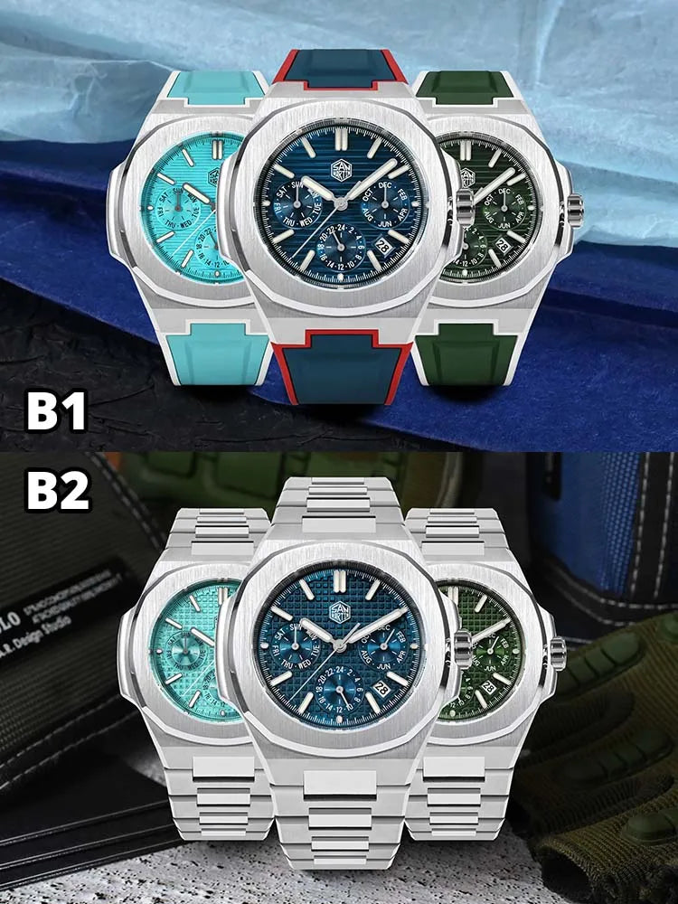 San Martin 43mm Miyota 9120 Multi-function Men Luxury Dress Watch Waffle Texture Dial Business Automatic Mechanical 10Bar BGW-9