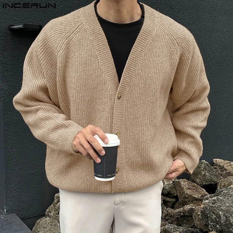 2024 INCERUN Korean Fashion Long Sleeve Tops Men V-neck Elegant Cardigan Vintage Style Simple Coats Warm Loose Sweaters S-5XL