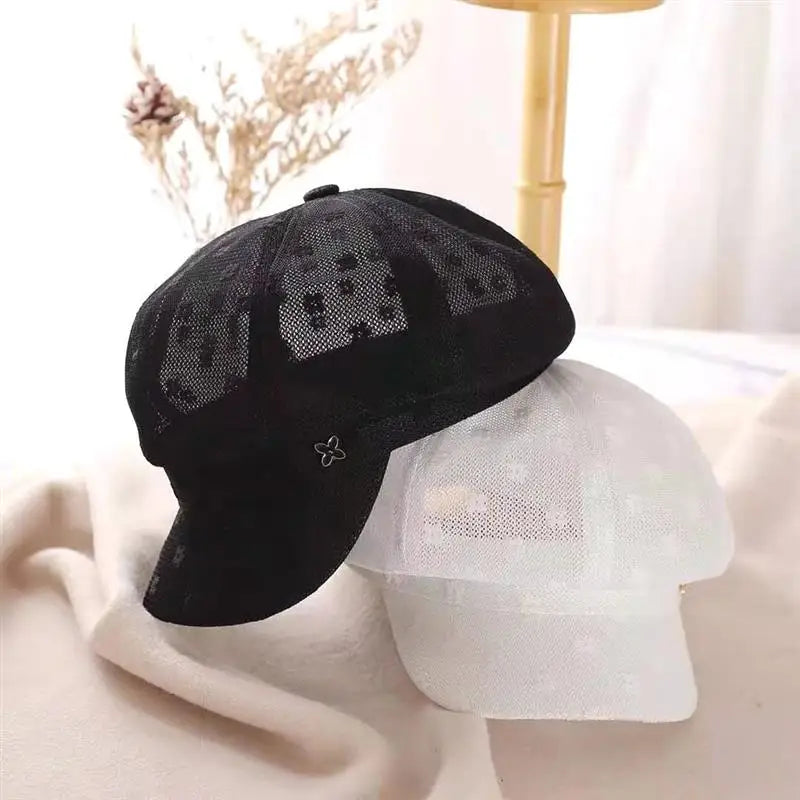 Women Caps with M Metal Sign Lace Floral Solid Newsboy Caps 2021 New Summer Octagonal Hat for Ladies White Black