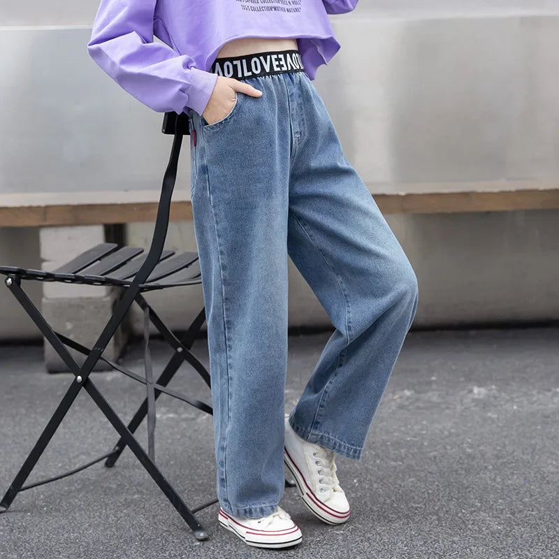 Teen Girls Jeans Spring Autumn Children Trousers 2024 New Letter Elastic Waist Girls Denim Wide Leg Pants 5-14Yrs Kids Clothes