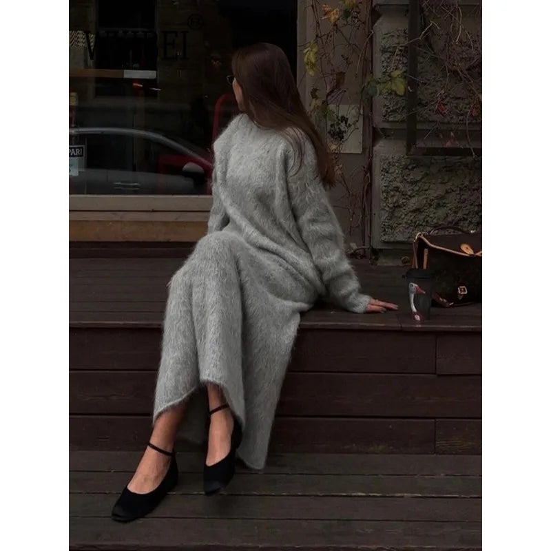 Loose Mohair Knit Skirt 2 Piece Set Women Chic Long Sleeve Solid Long Skirt Suit Lady Female Autumn Winter Warm Sweater Outfit