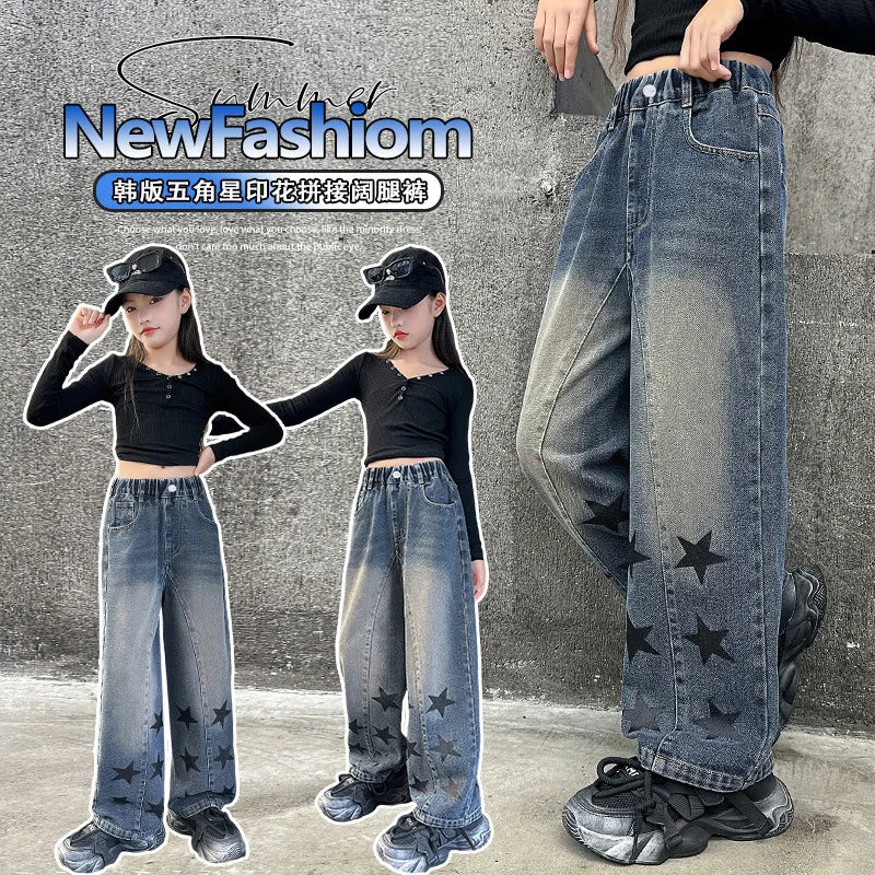 Teens Girls School Children Trousers Five-Pointed Star Design Casual Loose Jeans for Kids Elastic Waist Fashion Straight Pants