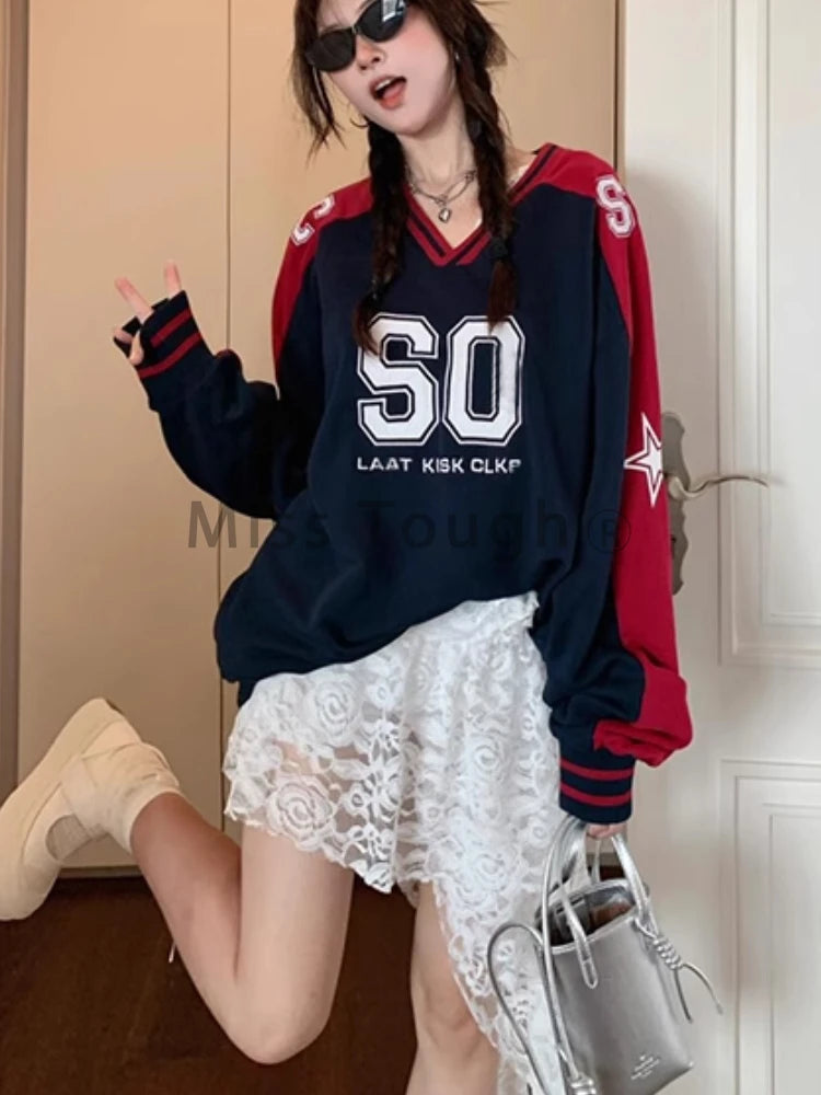 Autumn Fashion American 2 Piece Set Women Retro Color V-neck Matching Jersey+Lace Skirt Female Hoodie 2024 New Niche Design Suit