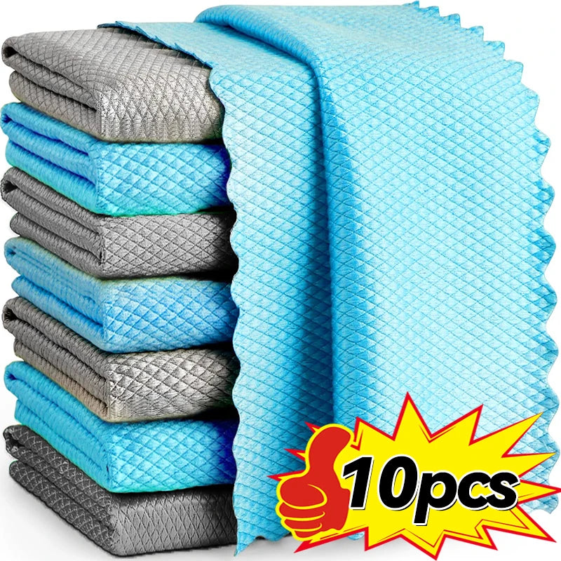 10/1pcs Fish Scale Cleaning Cloths Microfiber Super Absorbent Oil-proof Dishcloths Washing Rag Car Glass Window Wipe Cloth Towel