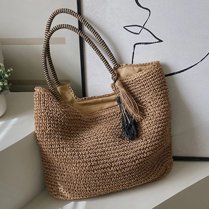 Big Straw Weave Tassel Tote Summer Beach Bags for Women 2024 Large Capacity Fashion Shoulder Bag Lady Handbags and Purses