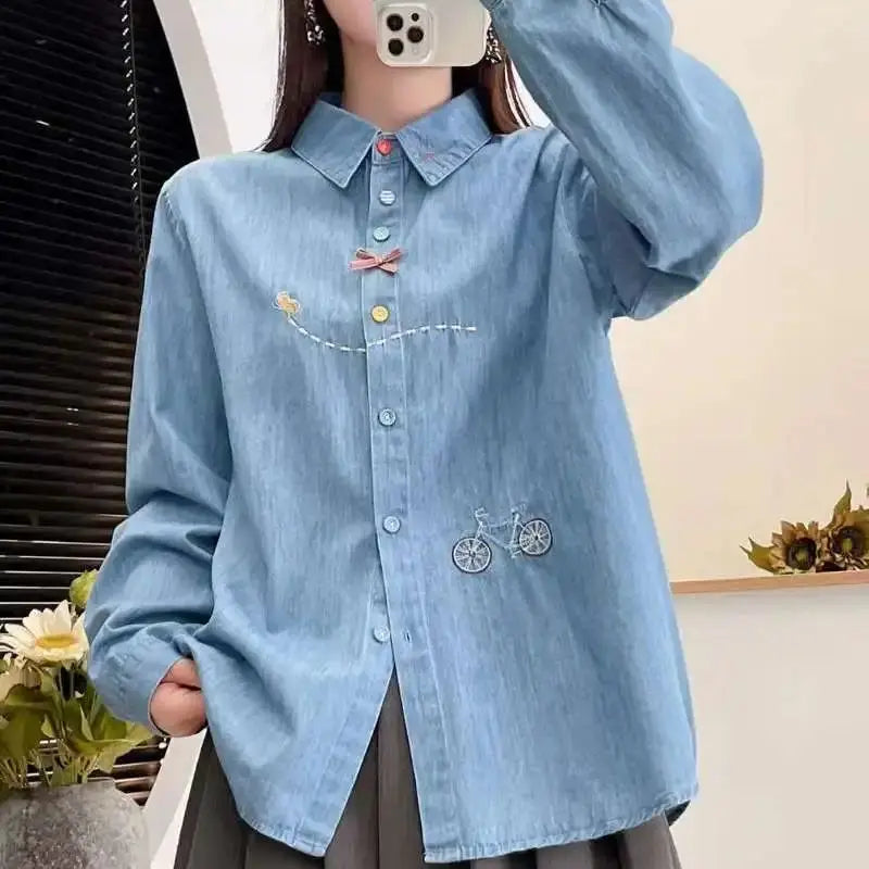 Mori girl style Japan fashion long sleeve lapel bike embroider denim shirts and blouses women jean shirt youthful woman clothes