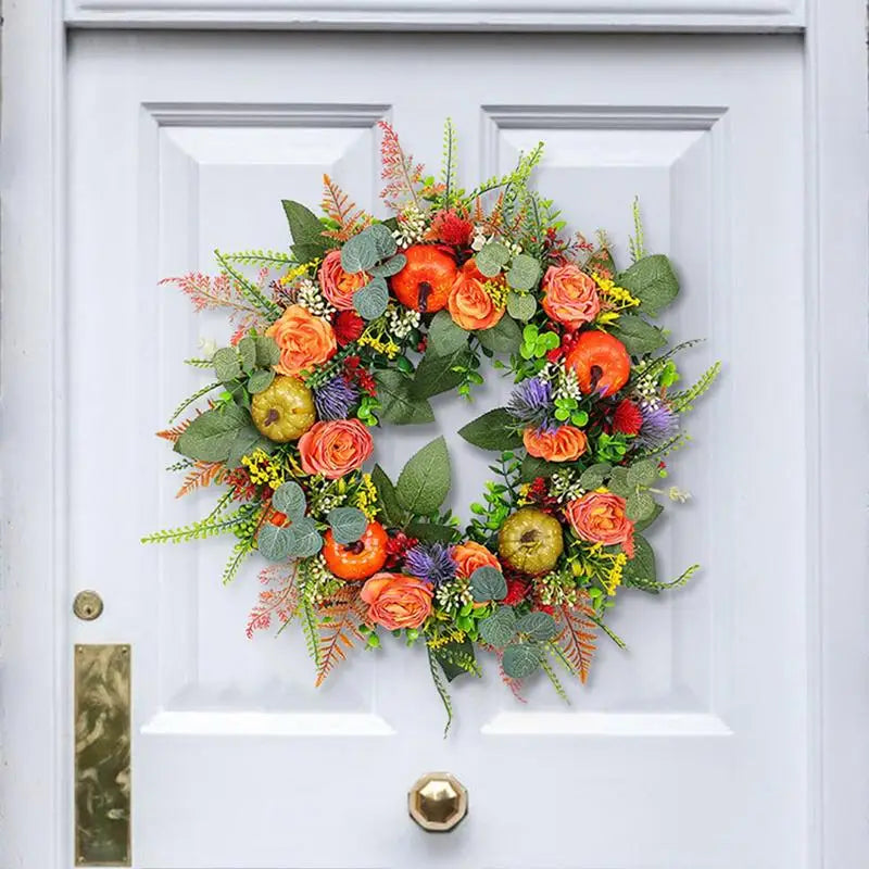 Thanksgiving Wreath 17.72 Inch Fall Decoration Multifunctional Handcrafted Decorative Artificial Pumpkin Wreath For Front Door