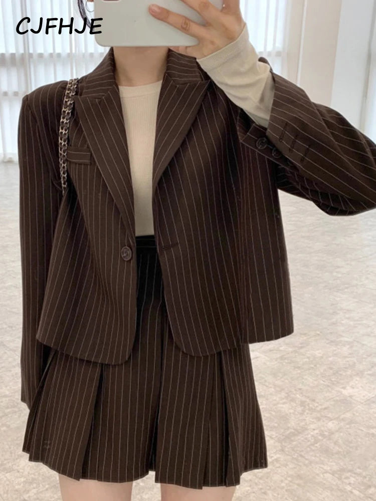 CJFHJE Fashion Stripe Blazer Women Autumn Notched Single Breasted Suit Korean Elegant Jacket High Elastic Waist Pleated Skirt