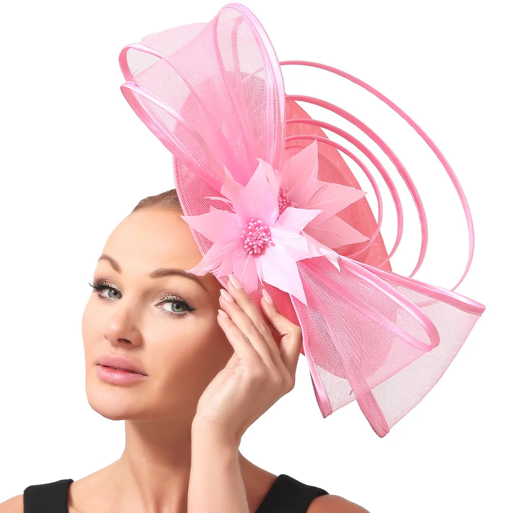 New Big Derby Cocktail Pink Fascinators Hats Wedding Chapeau Caps Headwear Elegant Women Ladies Female Hair Accessories