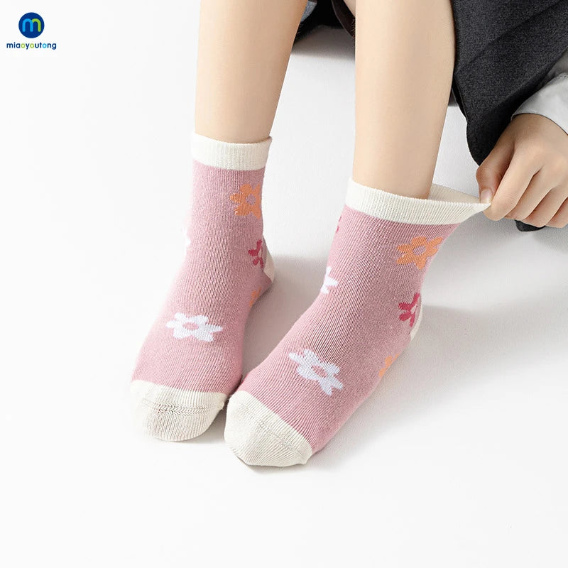 5 Pairs /Lot Cute Flowers Pattern Boneless Combed Cotton Girls Socks Warm Children Baby Kids Clothing Accessories Miaoyoutong