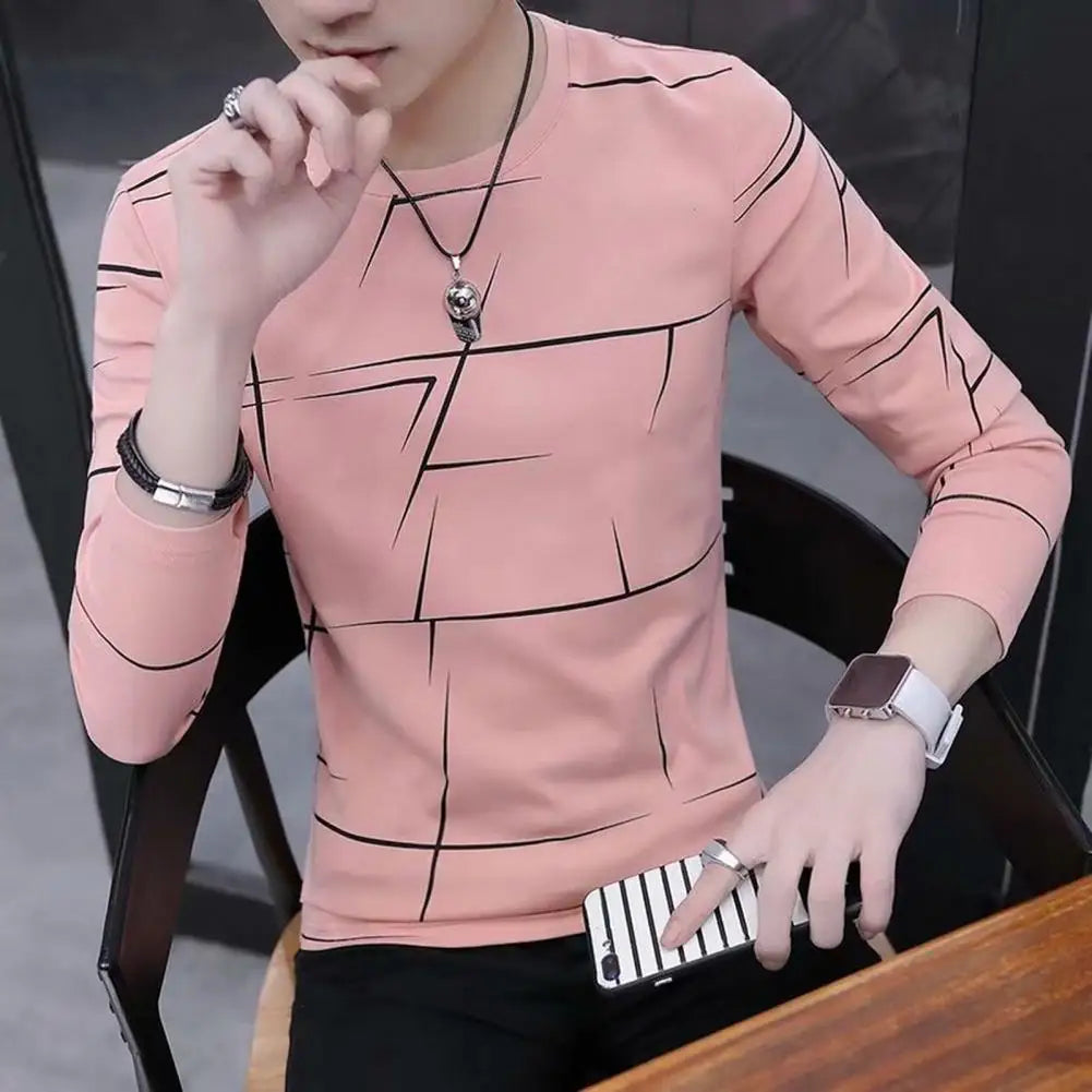 Crew Neck Men Top Men Long Sleeve T-shirt Soft Breathable Men's Long Sleeve T-shirt for Fall Spring Daily Wear Contrast Color