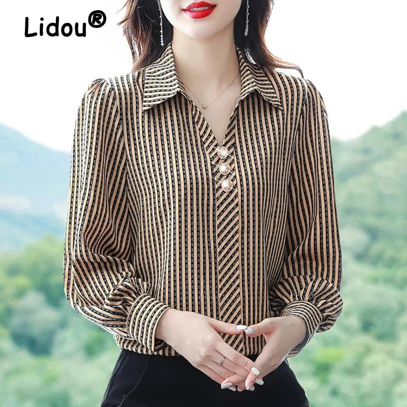 Striped Print Elegant Korean Fashion Office Lady Business Casual Shirt Spring Autumn Long Sleeve Top Blouse Women Blusas Clothes