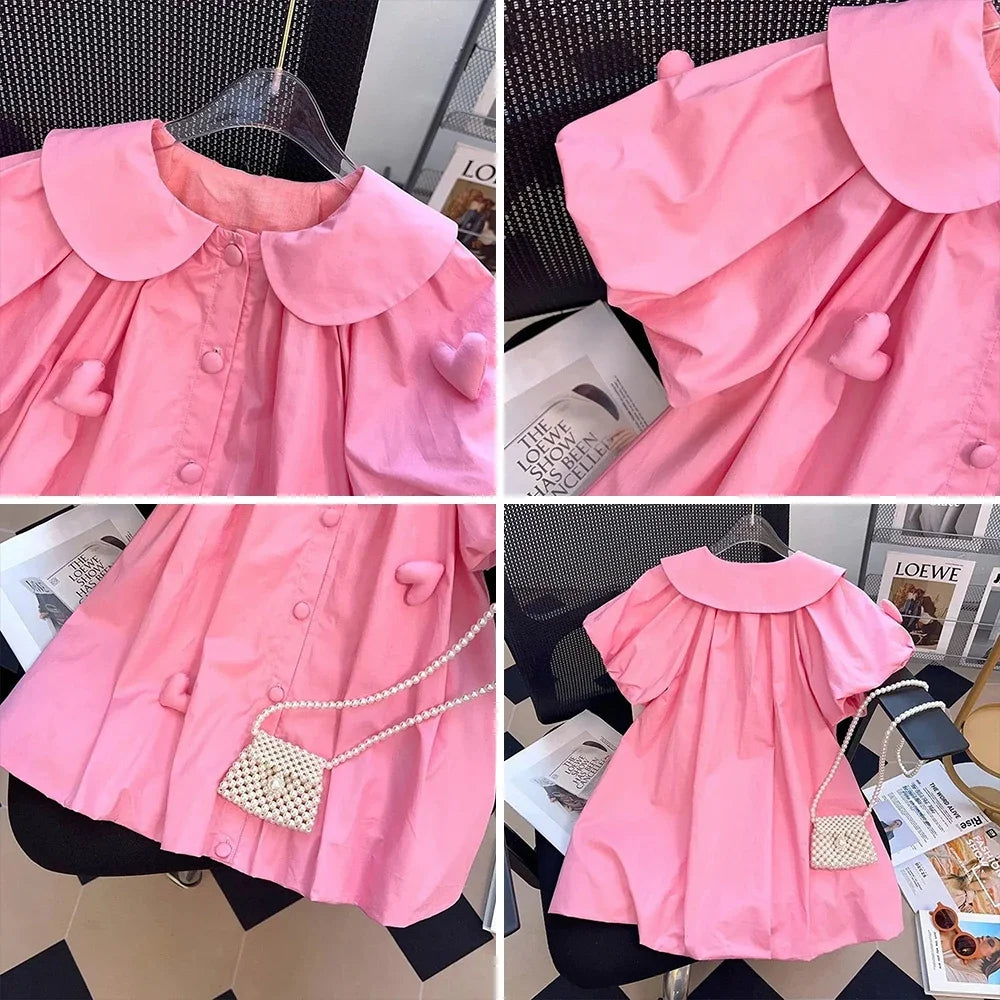 Bear Leader Girls' Dress Summer New Girls' Polo Collar 3D Love Decal Bubble Sleeve Dress Children's Princess Dress Fashion Dress