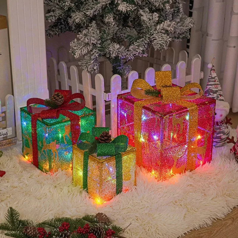 3pcs Holiday Decorations Christmas Decorations Luminous Gift Box With Bow For Holiday Christmas Tree Home Yard Decor 2024