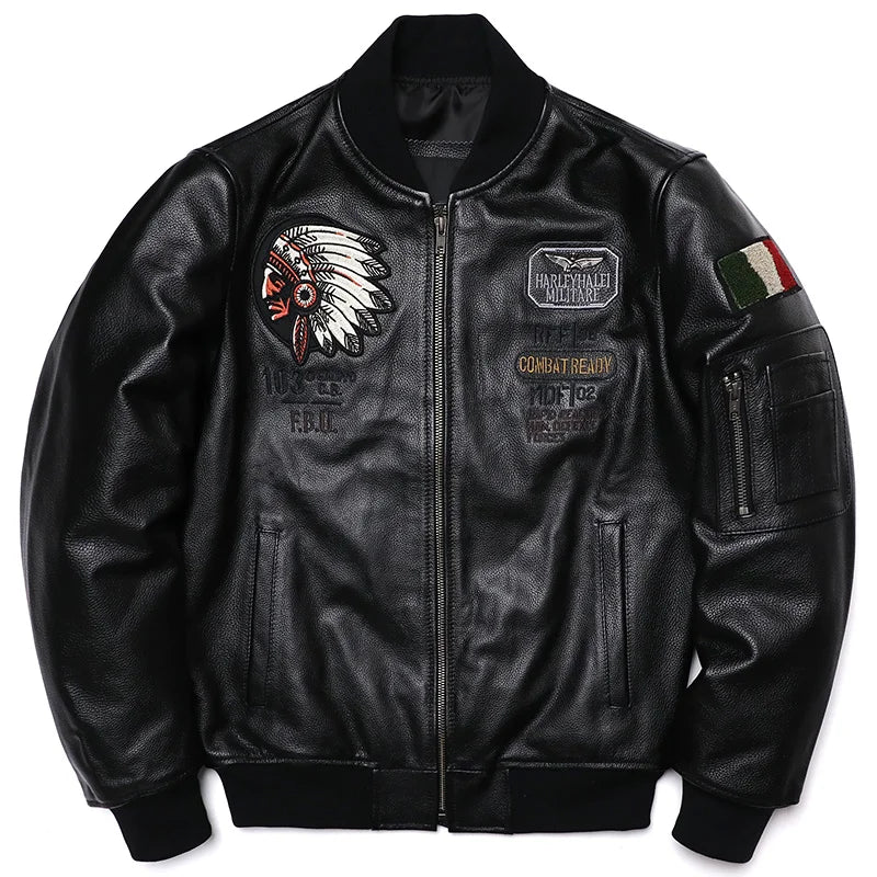 2023 New Indian Embroidery Genuine Leather Baseball Uniform Men's Fashion Jacket Cowhide Motorcycle Jackets Clothes Size S-5XL