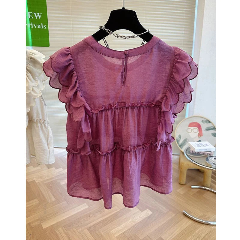 2023 Women Summer Trendy Ruffle Sweet Chic Blouses Casual Solid O Neck Sleeveless Loose Shirts Y2K Kawaii Streetwear Tops Blusa