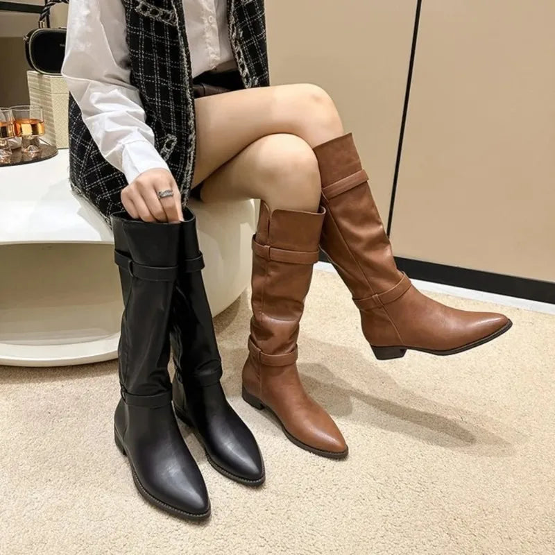 New Designer Knee High Boots for Women 2023 Autumn Winter English Style Pointy Head Platform Boots Ladies Luxury Shoes Woman