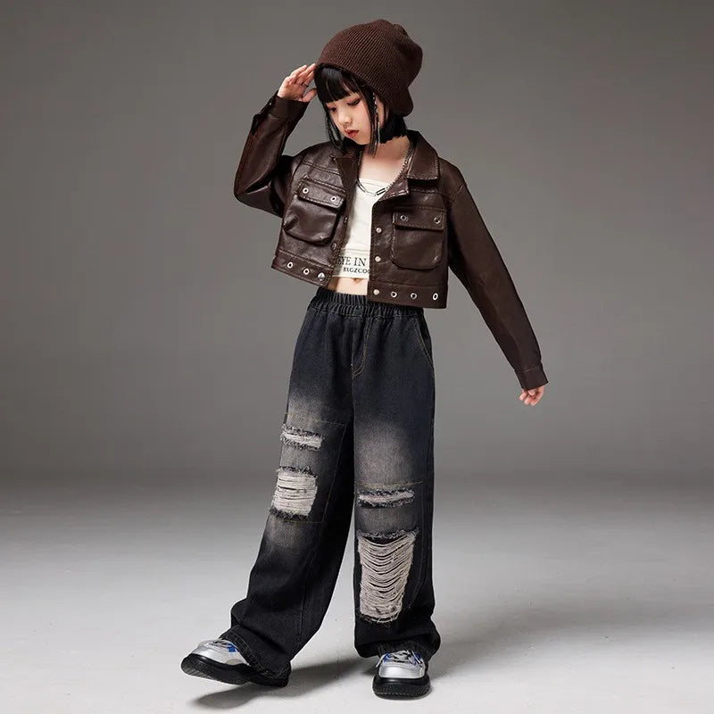 Hip Hop Kids Leather Jacket Girls Black Denim Pants Street Dance Clothes Sets Teenage Streetwear Costumes Children Fashion Suit