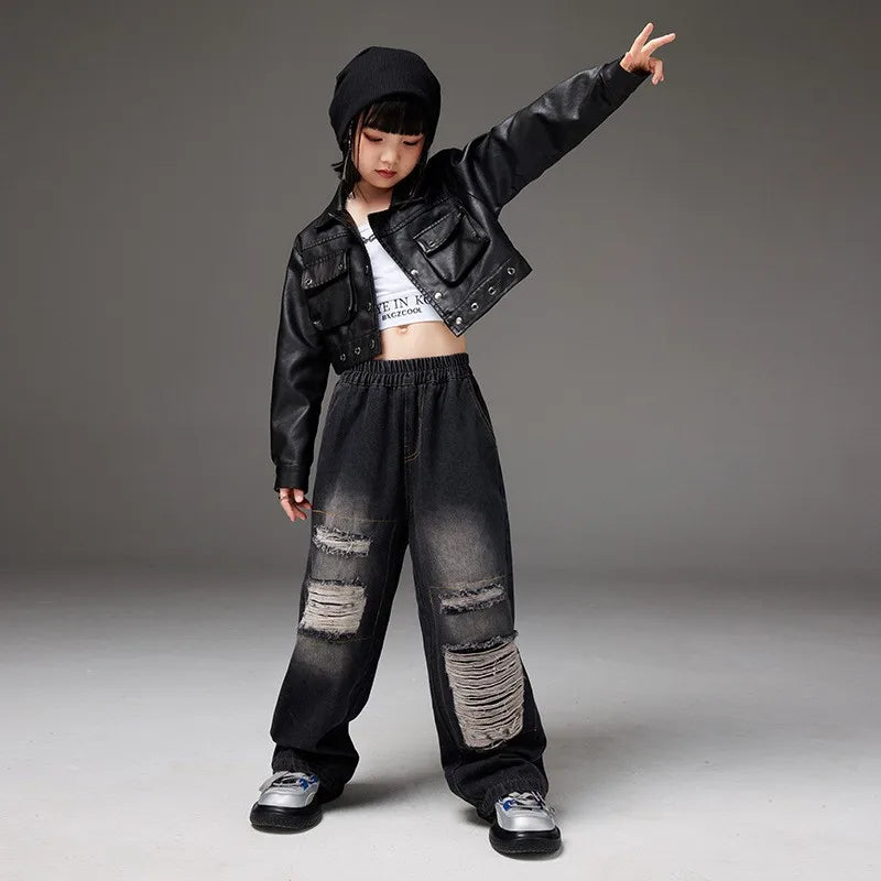 Hip Hop Kids Leather Jacket Girls Black Denim Pants Street Dance Clothes Sets Teenage Streetwear Costumes Children Fashion Suit