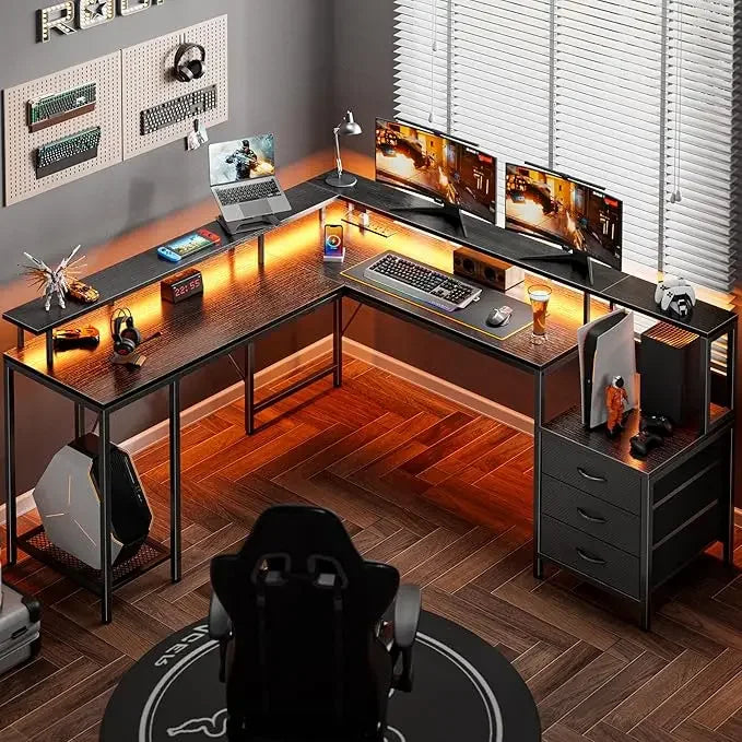 L Shaped Gaming Desk with LED Lights and Power Outlets, Computer Desk with 3 Drawers, 66.1 Inches Corner Desk