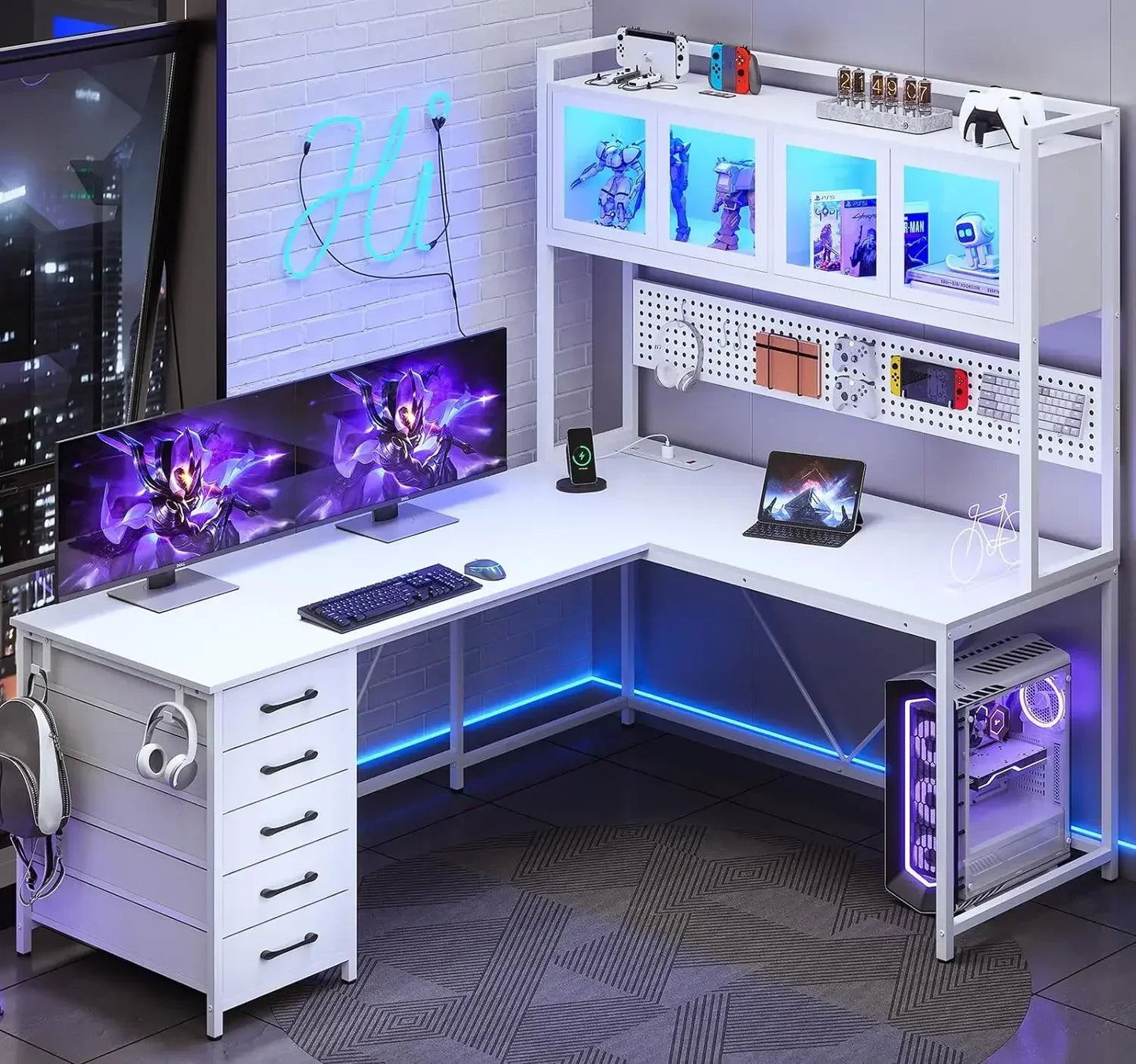 L-shaped Computer Desk with Storage Shelves, Pegboard, LED Lights, Sockets, Home Office Desk, Corner Table, Large Gaming Table