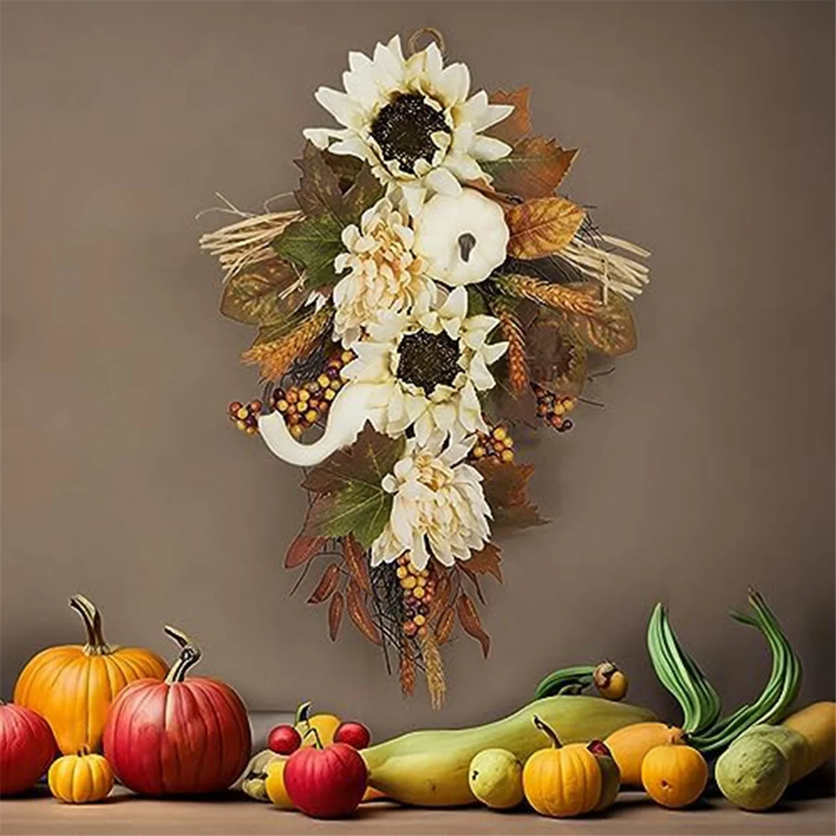 Artificial Pumpkins Wreaths White Sunflower Autumn Wreath with Leaves Flower Fall Door Garland Thanksgiving Theme