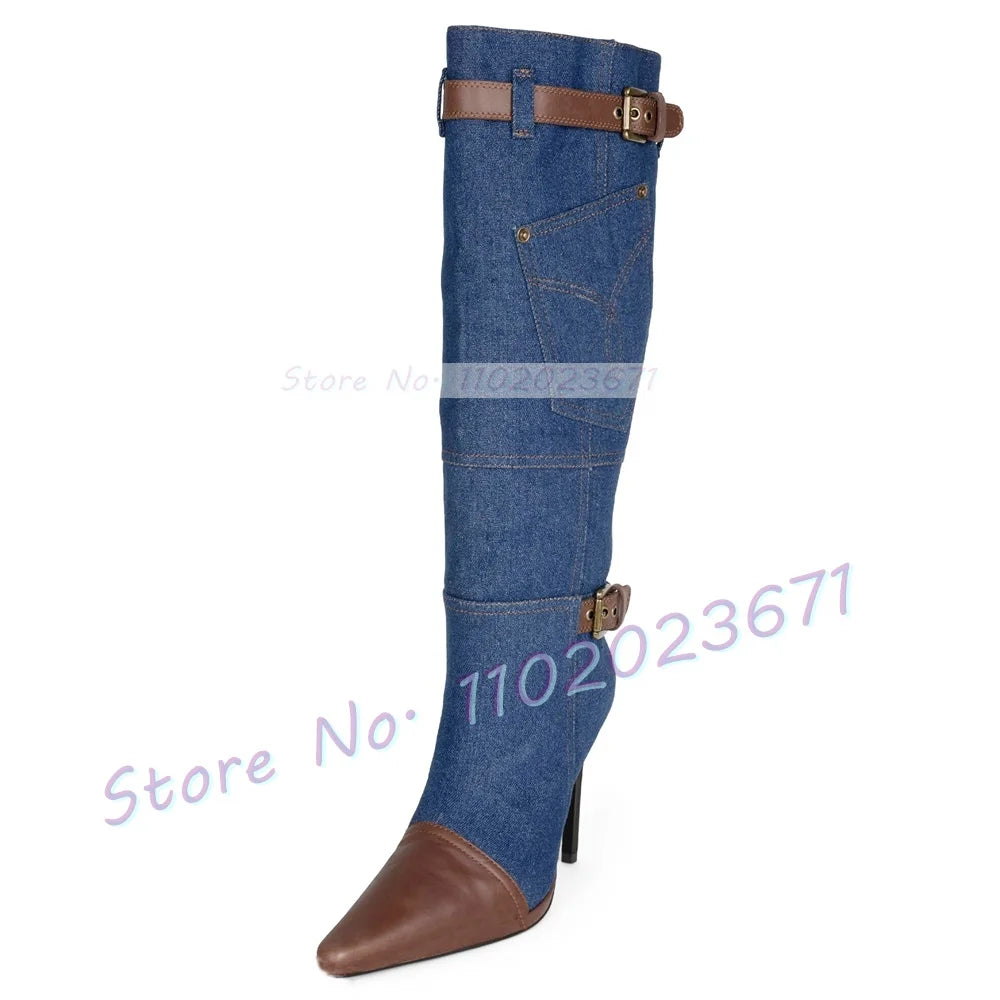 Mixed-Denim Knee High Boots With Buckle Women Newest High Heels Splicing Shoes Brown Pointed Toe Office Ladies Casual Women Boot