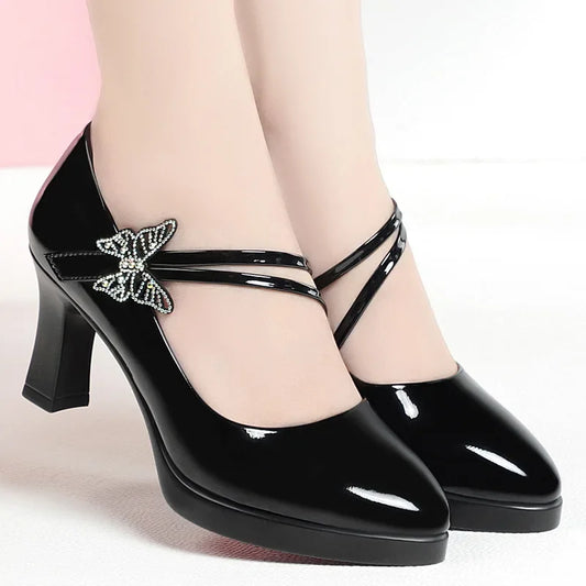 2024 New Fashion Platform High Heels Women Round Toe Black Pu Leather Square Heel Pumps for Party Dress Lady Shoes Zapatos Mujer