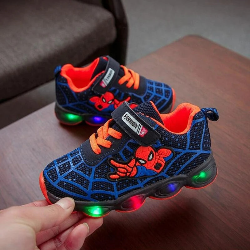 Disney 2023 New Glowing Sneakers Spiderman for Boys Girls Anime Fashion Kids Shoes Led Light Up Breathable Sports Running Shoes