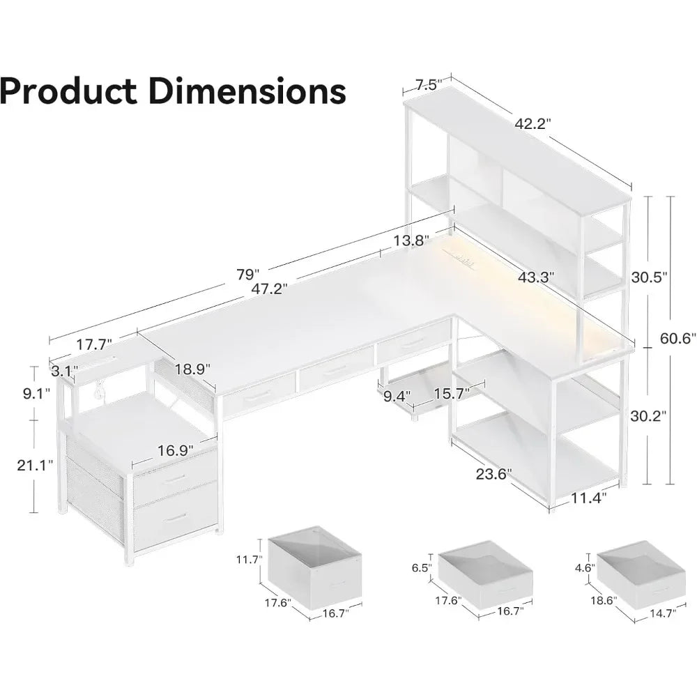 79 Inch L Shaped Desk with File Drawers，Reversible Gaming Desk with Power Outlets & LED Lights，Storage Shelves，Computer Desk
