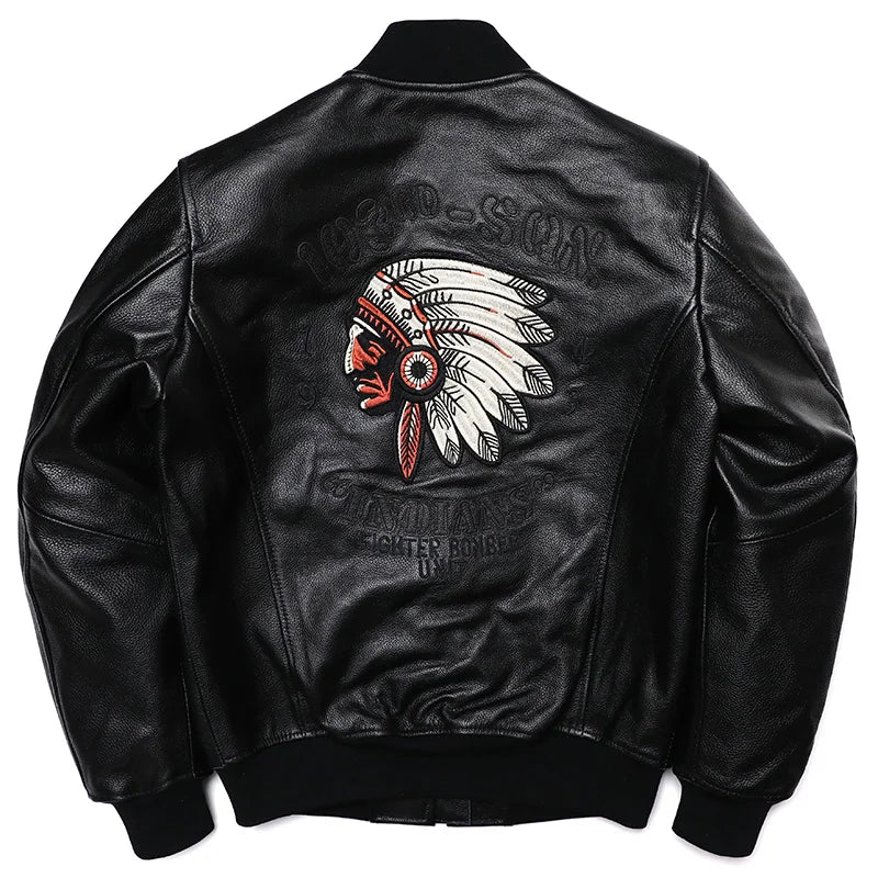 2023 New Indian Embroidery Genuine Leather Baseball Uniform Men's Fashion Jacket Cowhide Motorcycle Jackets Clothes Size S-5XL