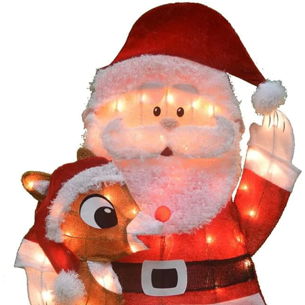 Pre Lit Fabric Santa Claus and Rudolph 2D Outdoor Holiday Lawn Ornament Christmas Yard Decoration with 70 Clear Lights and Stand